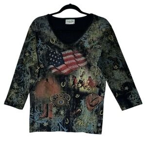 Cactus Bay Top Women Medium Stretch USA Flag Patriotic‎ Cowgirl Rodeo Horses Y2K